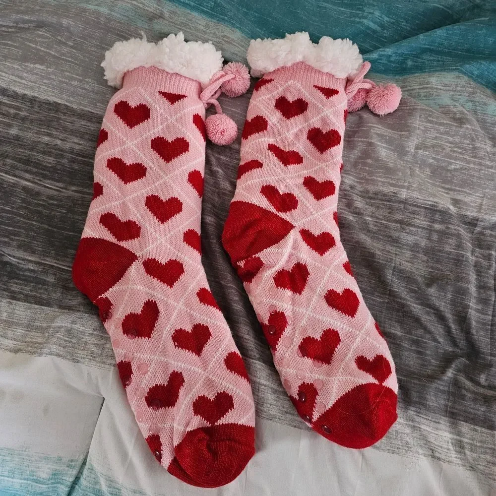 Cozy Pink and Red Heart Slipper Socks With Grip Bottoms.
